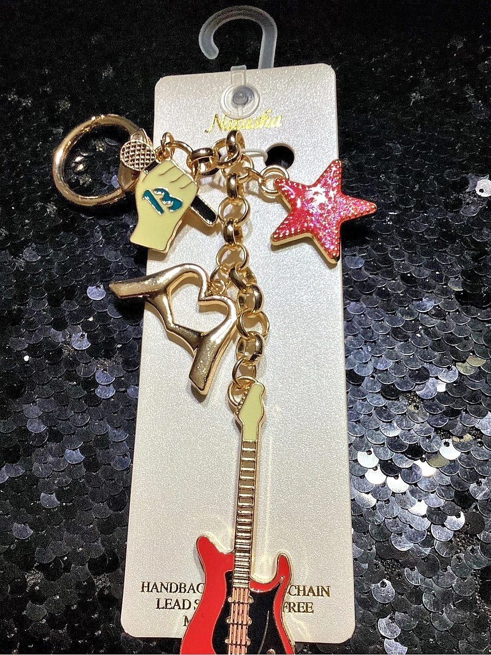 Natasha Guitar & Star Charm Keychain in Gold & Red NWT